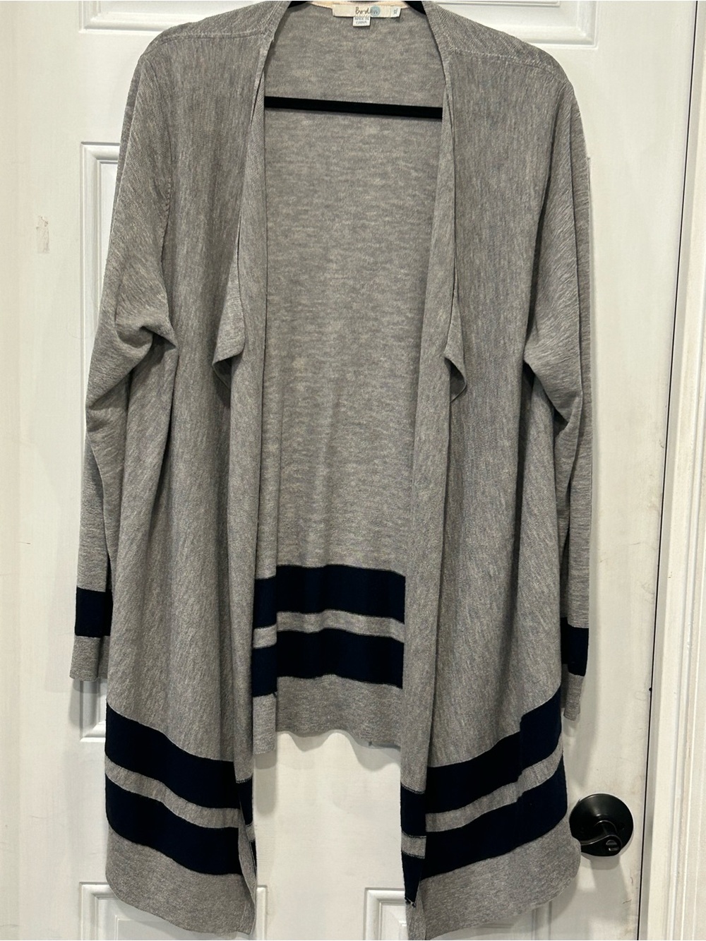 Boden 100% Wool Open Front Longline Draped Cardigan Sweater Gray Navy Stripe XL